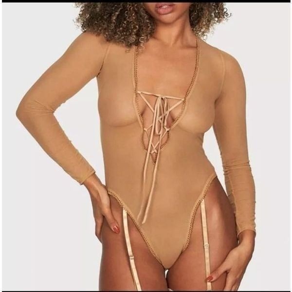 Frederick’s of Hollywood Light Brown Sheer Mesh Long Sleeve Bodysuit