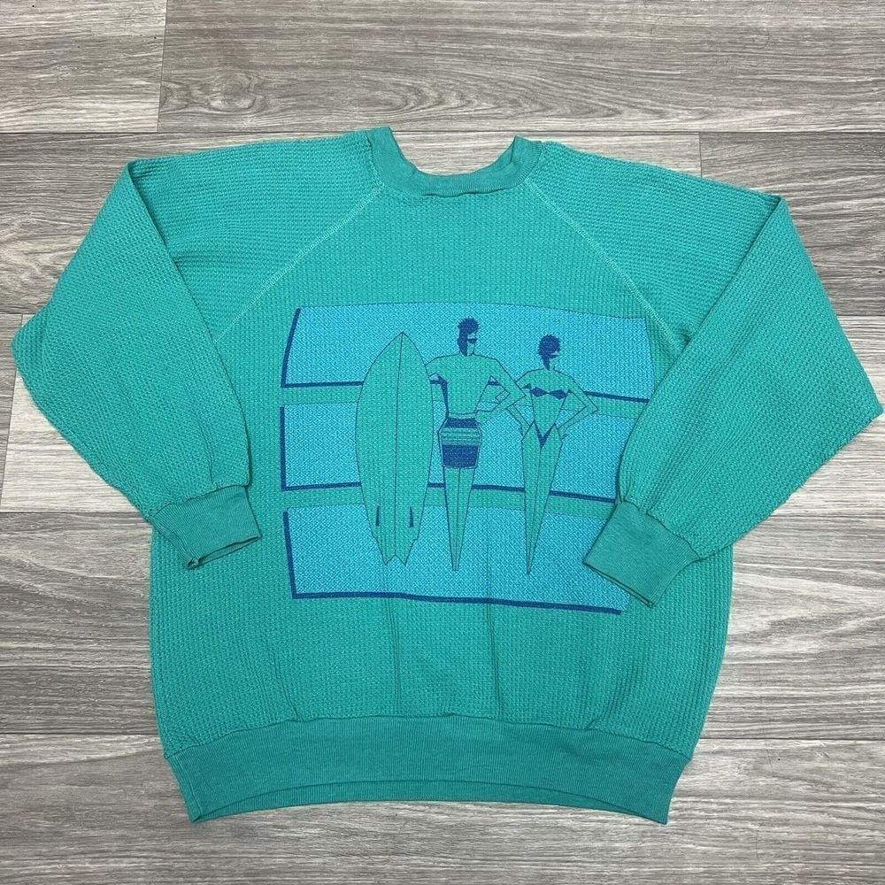 True Vintage 70s Ocean Pacific Sweatshirt Crewneck Raglan S/M Teal Blue Flock