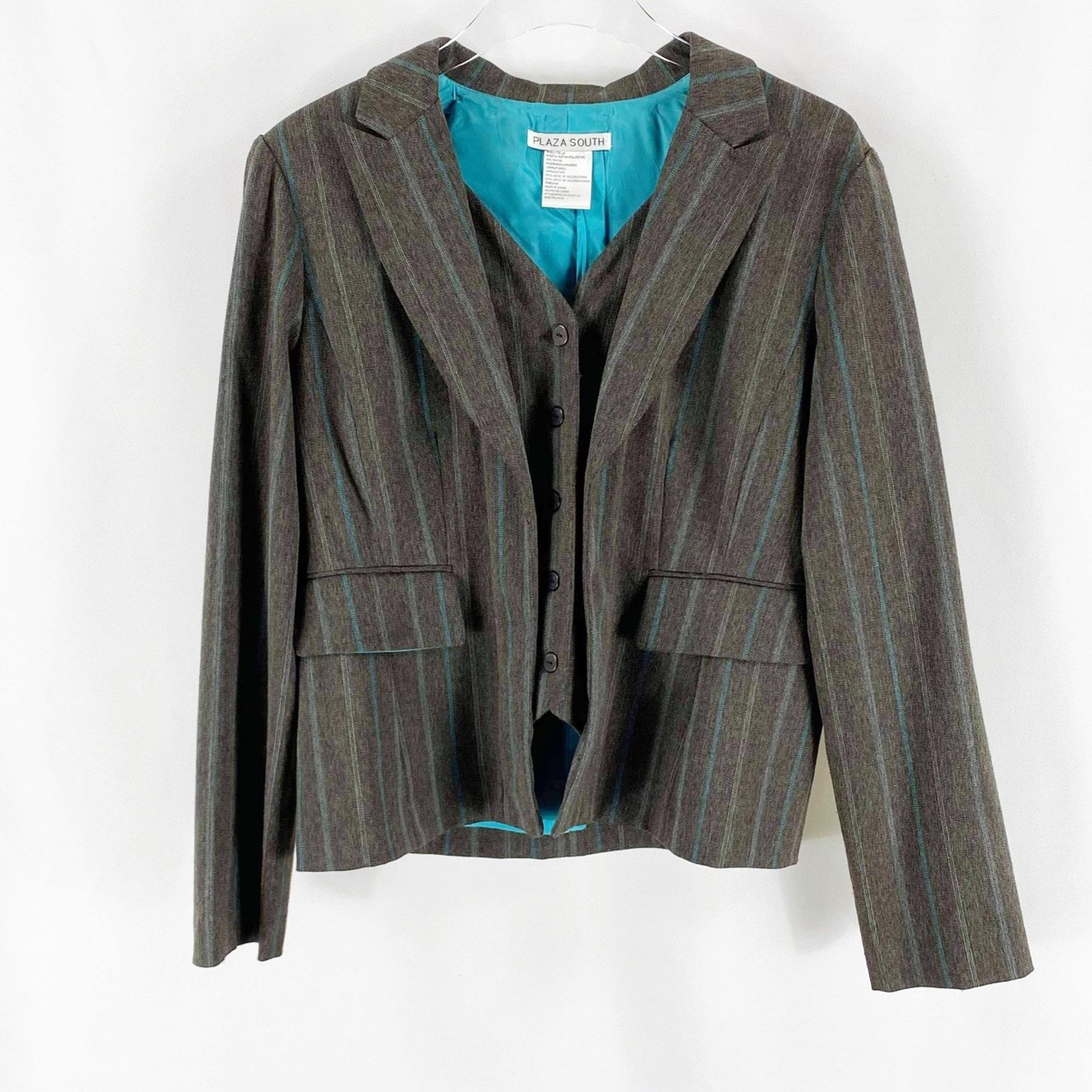 PLAZA SOUTH Vintage 90s Pinstripe Brown Blue Blazer Suit Jacket