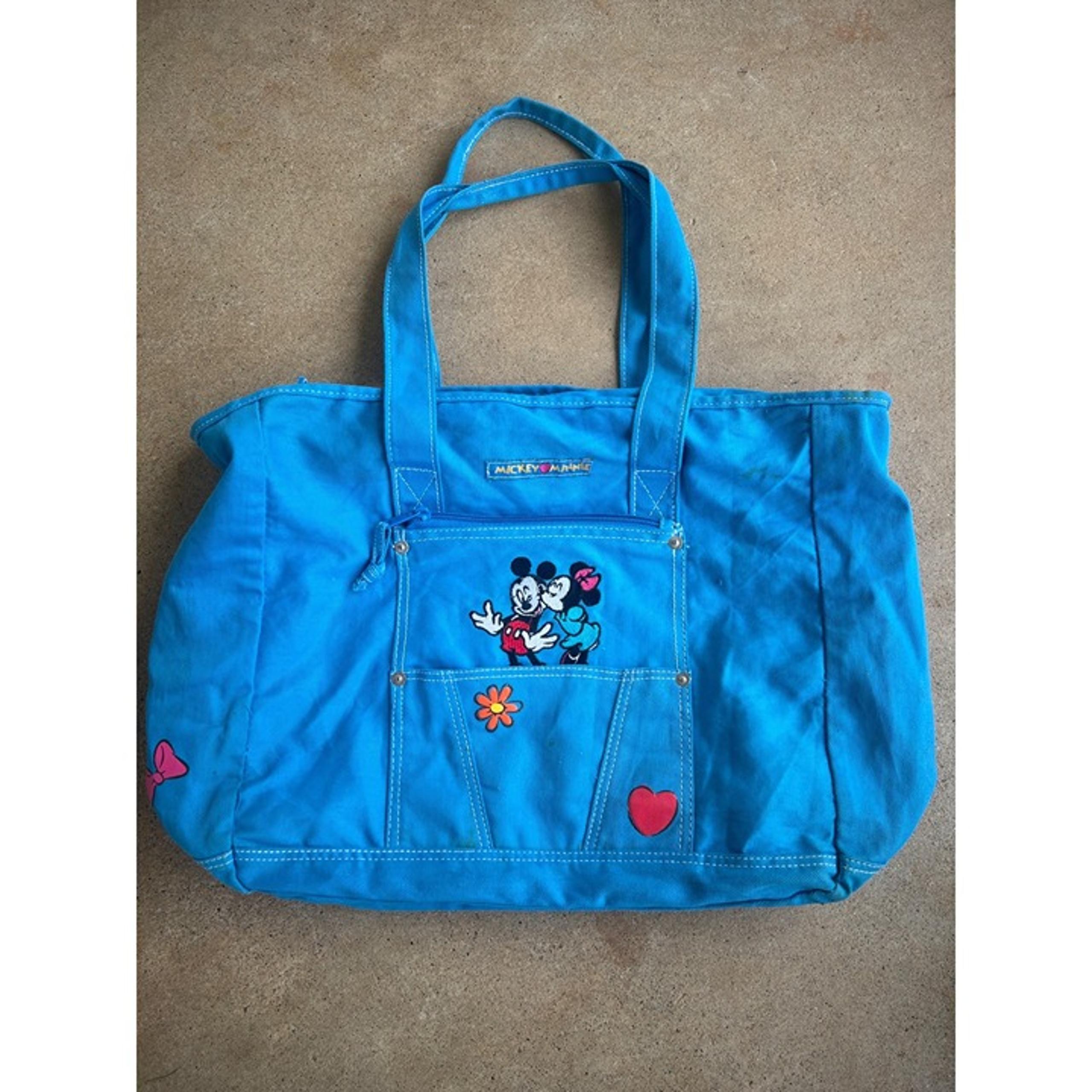 Vintage Disney Mickey & Minnie Canvas Tote Bag Blue With Heart & Flower Embroide