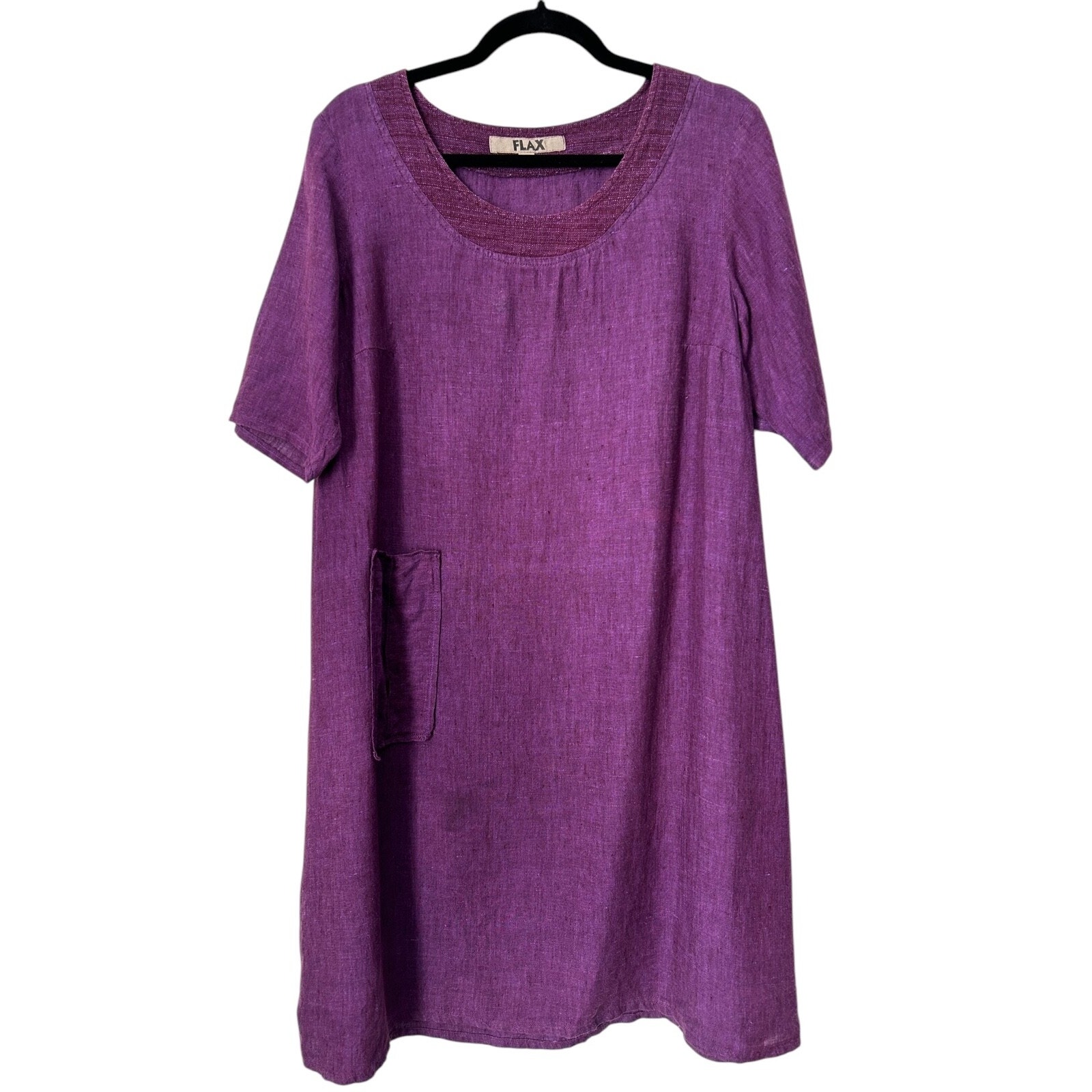Flax Dress Size S Purple 100% Linen Short Sleeve Pockets Lagenlook Slouchy Boho