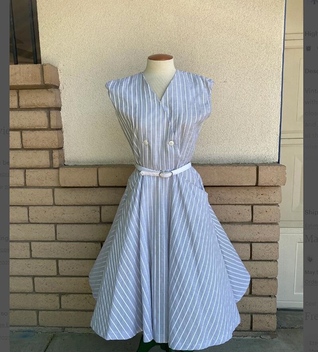 Gray striped wrap height waist with mid-length belt dress