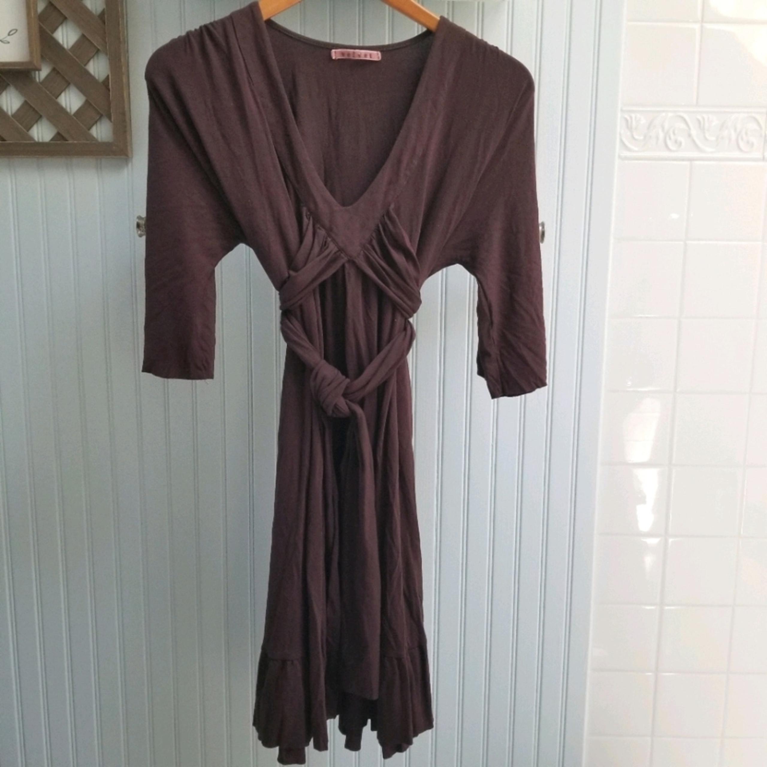 Velvet Brown Half Sleeve Tied Boho V Neck Dress