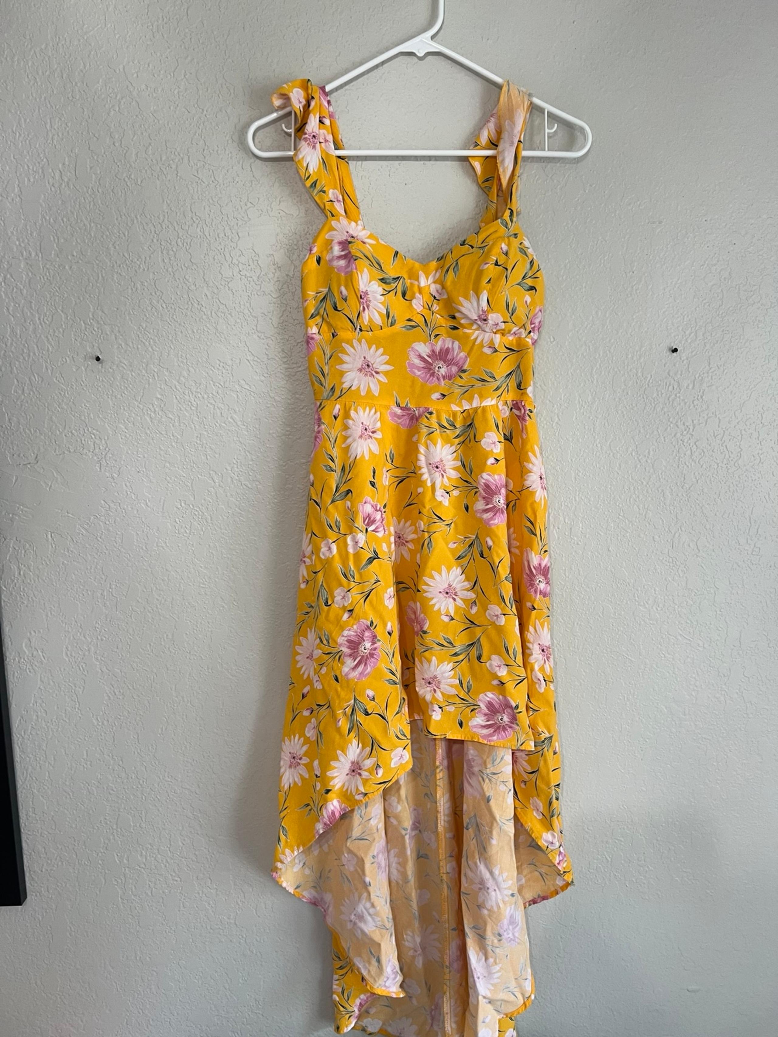 As U Wish Yellow High-Low Floral Dress – Pink Flowers – Size Small
