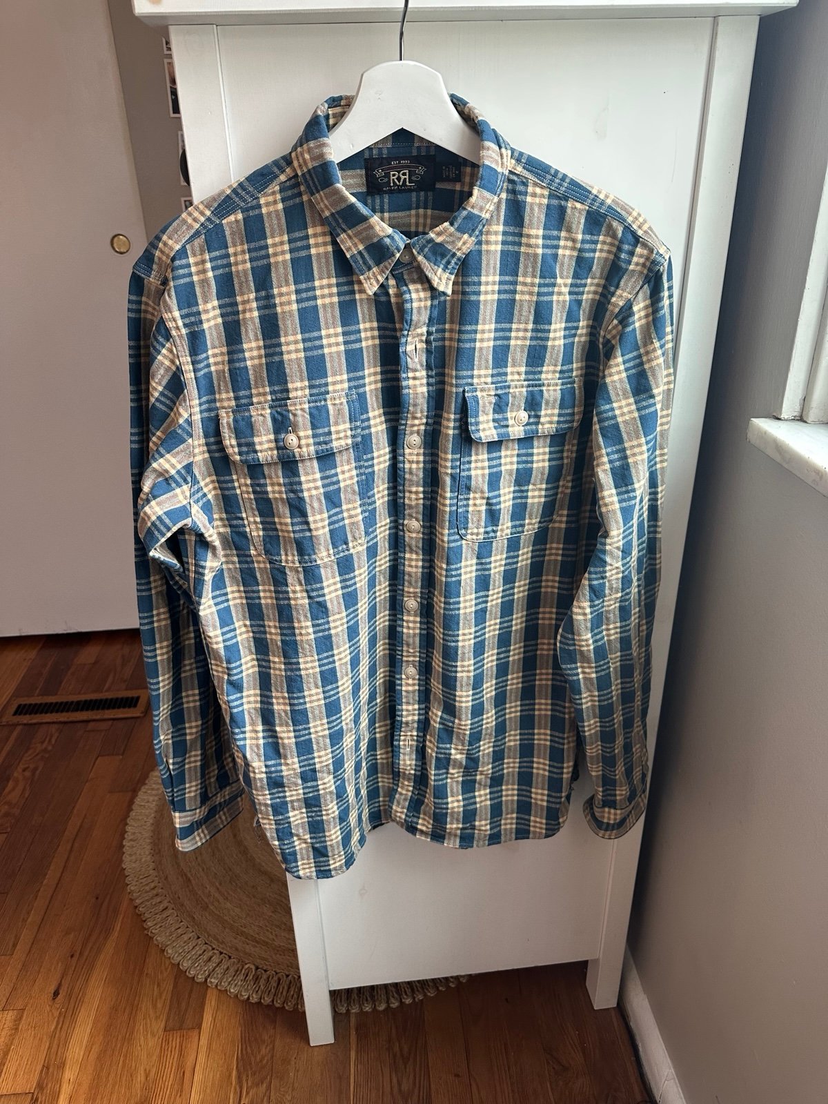 RRL Men’s 100% Cotton Blue and Yellow Plaid Button Down Shirt - size medium