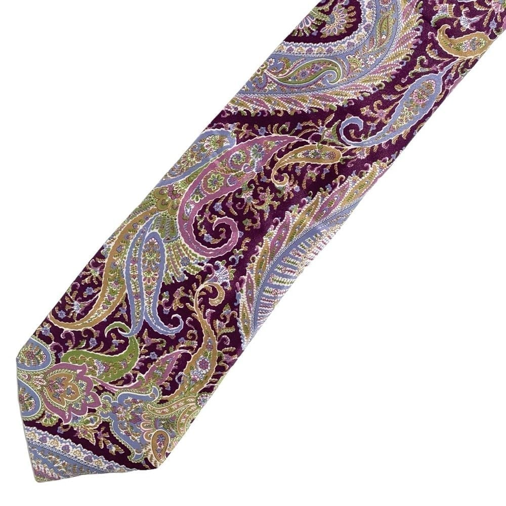 Men's Brioni Purple Green Paisley Print Design Work Career Neck Tie Silk