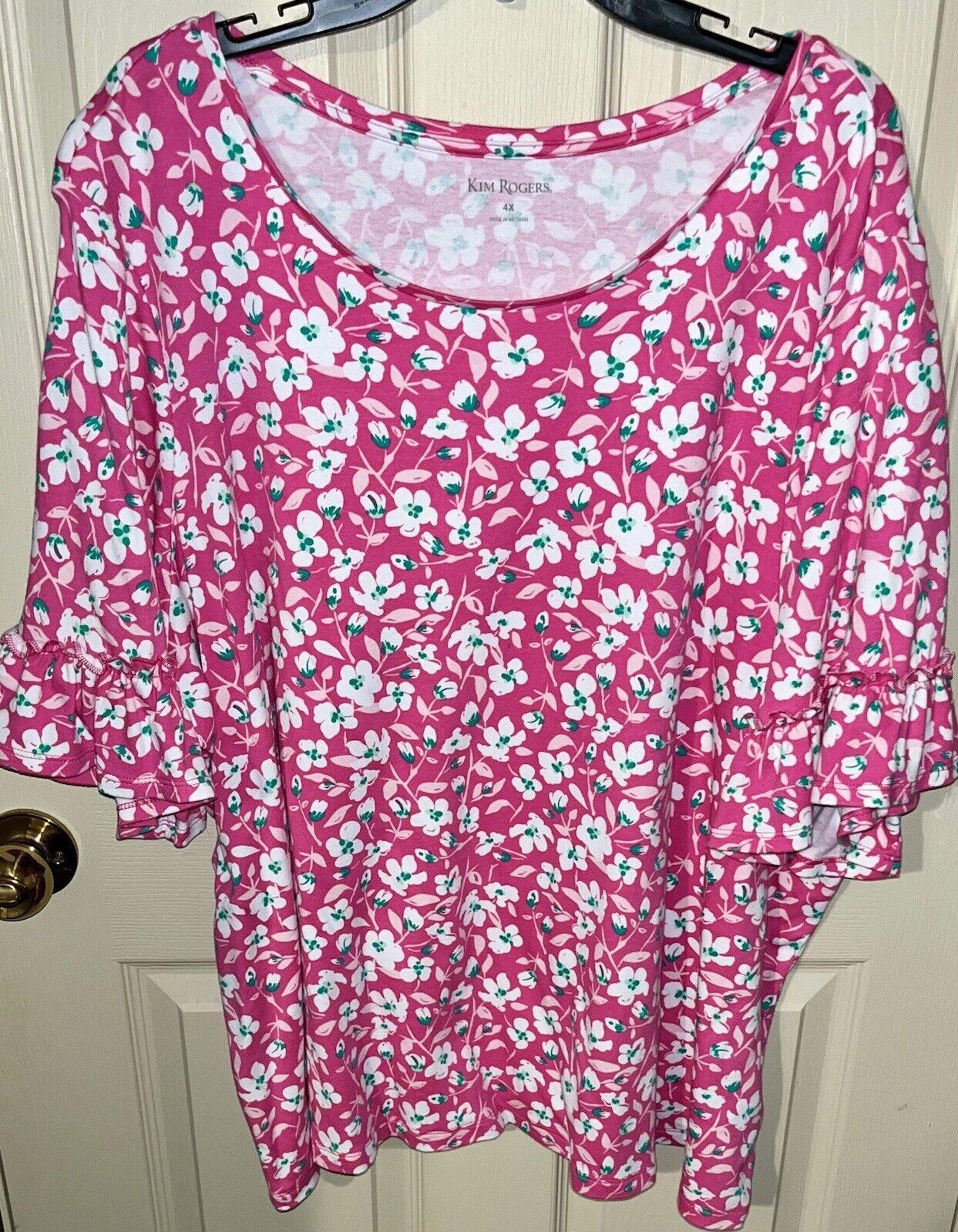 NWOT NEW Women’s 4X Kim Rogers Top Pink Floral Ruffled Short Sleeve Cotton Knit