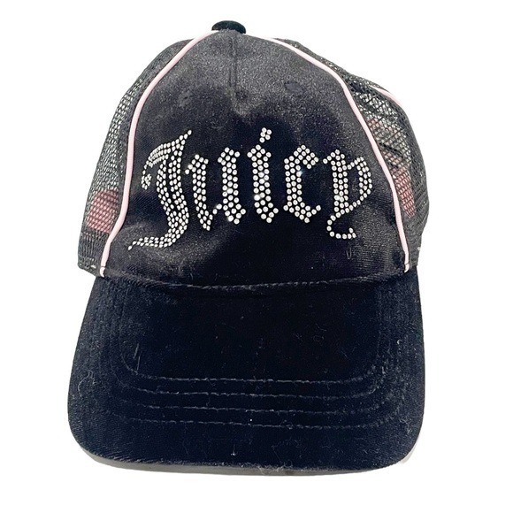 Juicy Couture Black Velvet Silver Rhinestone Tricker Adjustable Hat Y2K