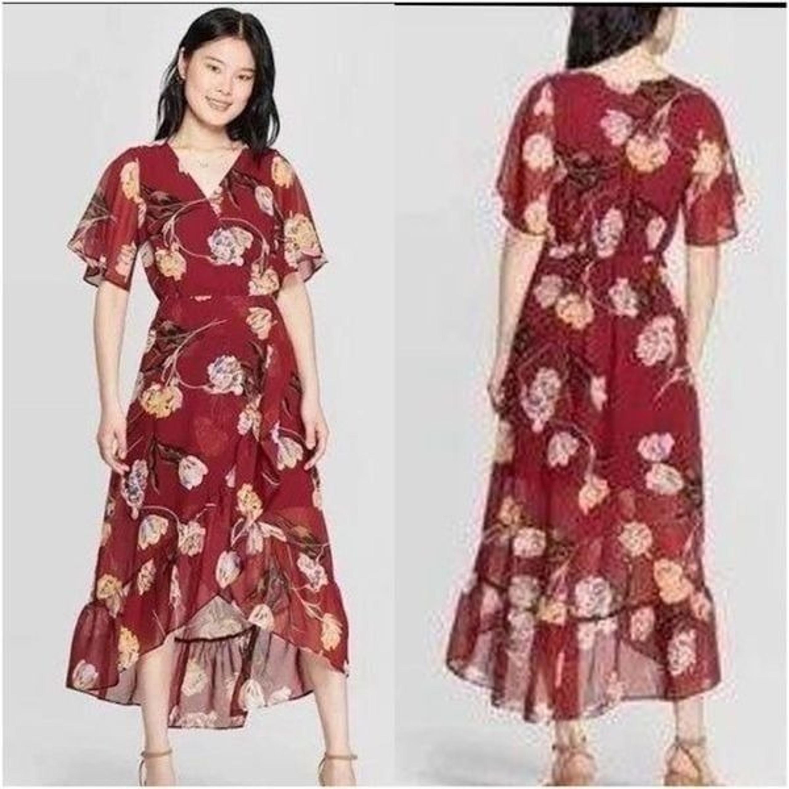 A New Day High Low Flowy Ruffle Dress Burgundy Red Size Large