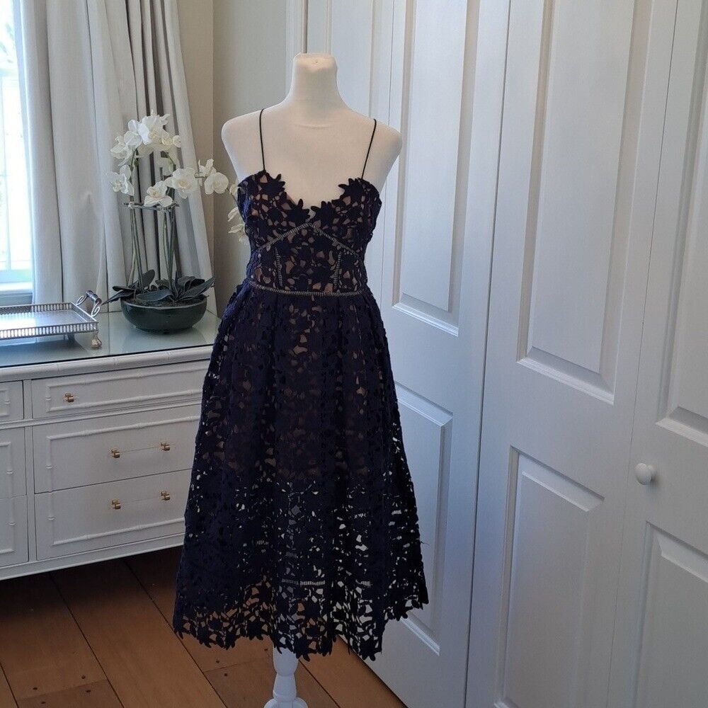 NWT Self Portrait Womens Luxury Azaelea Navy Lace Midi Dress Spaghetti Strap S-4