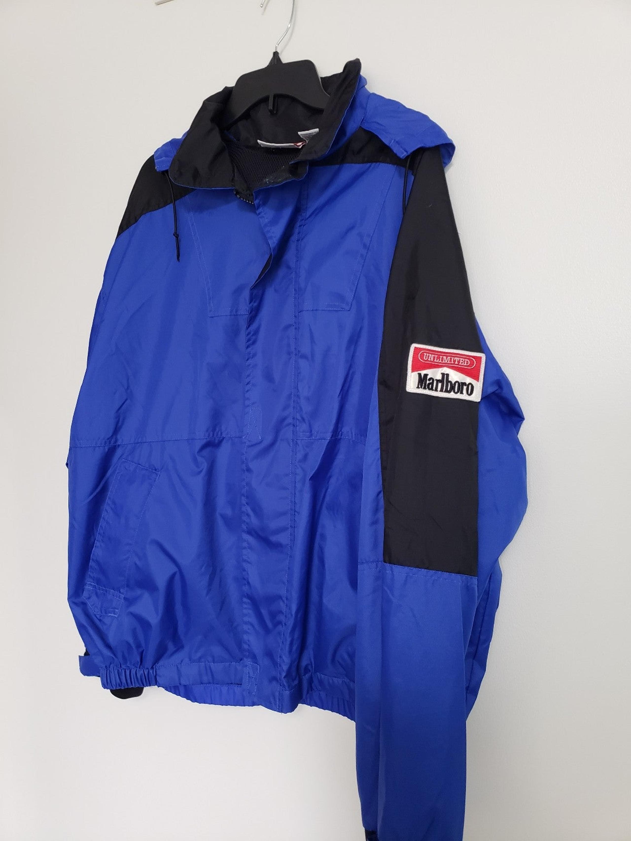 Men's XL Marlboro Lightweight Jacket Blue and Black Packable Hood