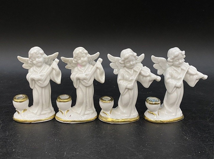Mini Candle Cherub Angel Musical Porcelain Naples Capodimonte LOT 4 Violin Lute