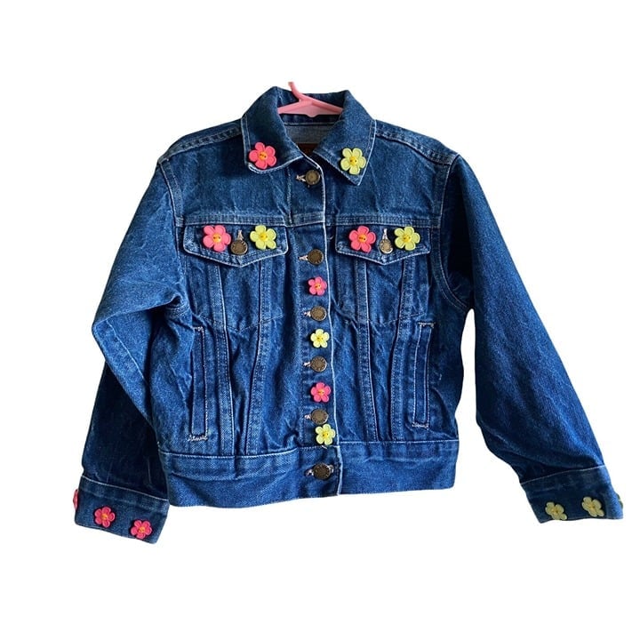 Brittania Size 5-6 Girl’s Denim Blue Jean Jacket Flower Accents Made in the USA