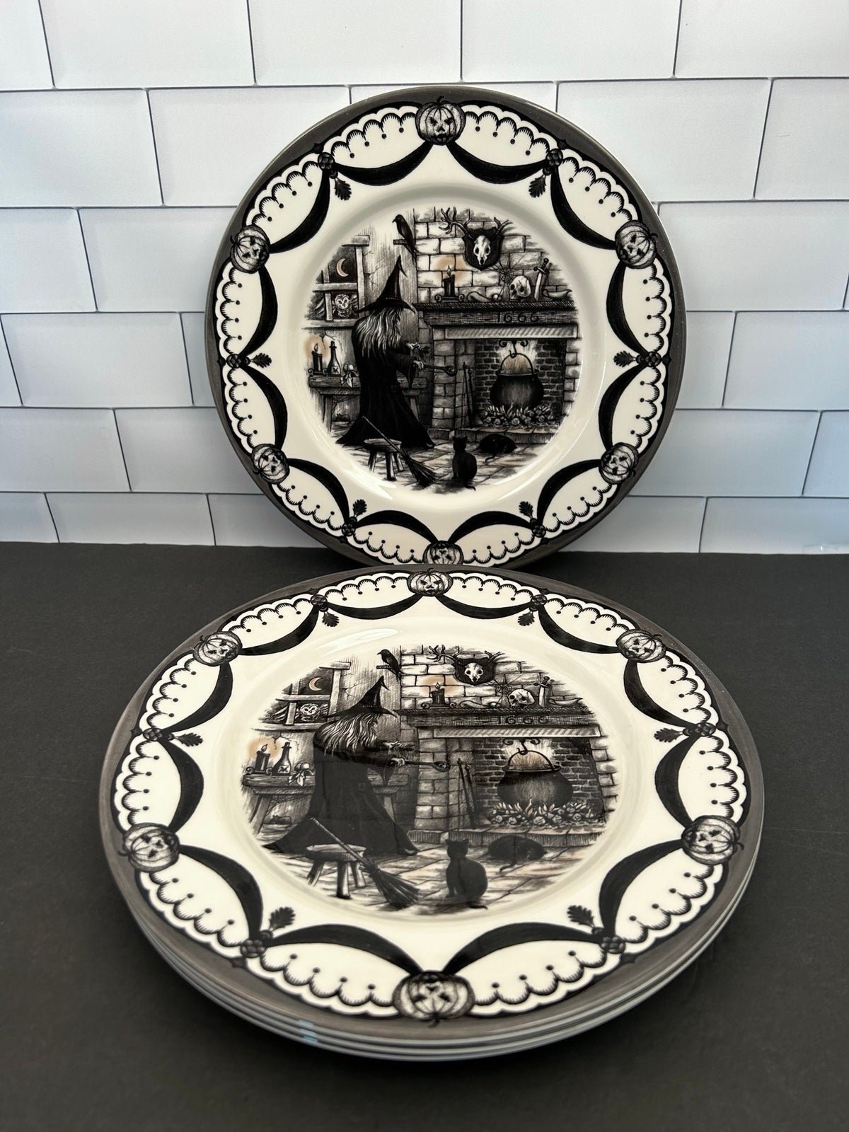 Royal Stafford Halloween Witch Fireplace Dinner Plates Set of 4 New