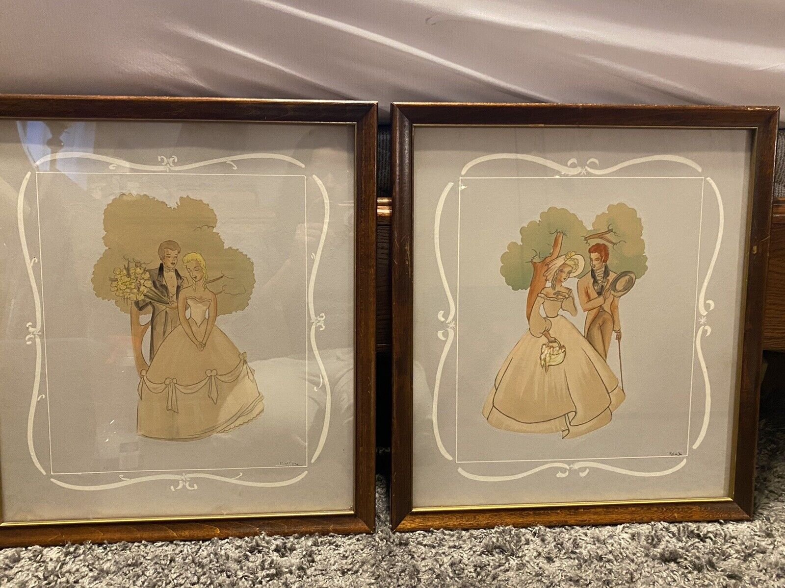 Antique ORIGINAL Signed Anton & Rem Courting Wedding sketch Art work Framed