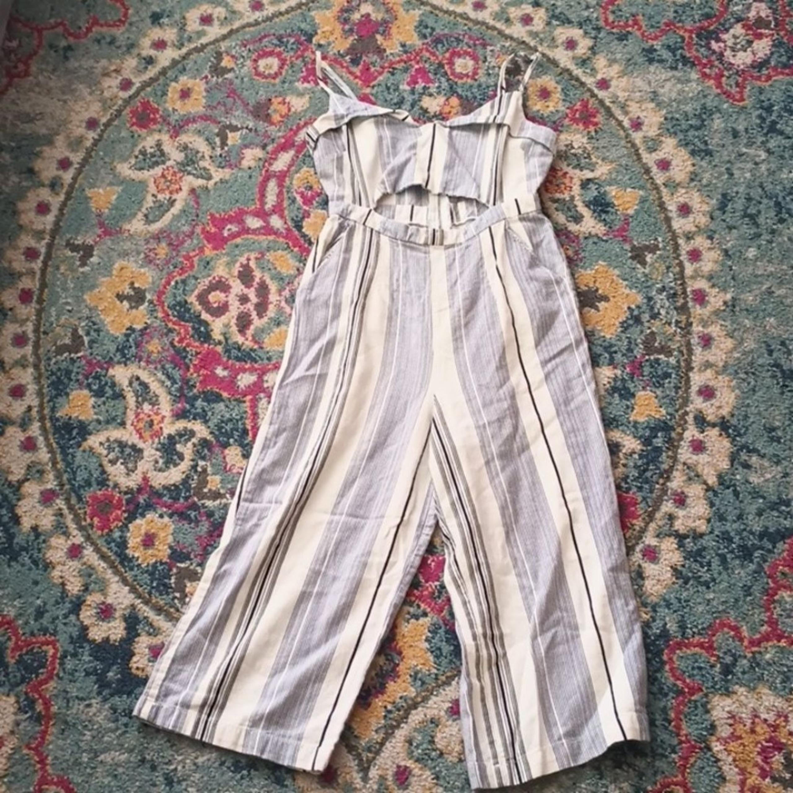Iris White Blue Striped Cutout Ramie Blend Crop Jumpsuit S