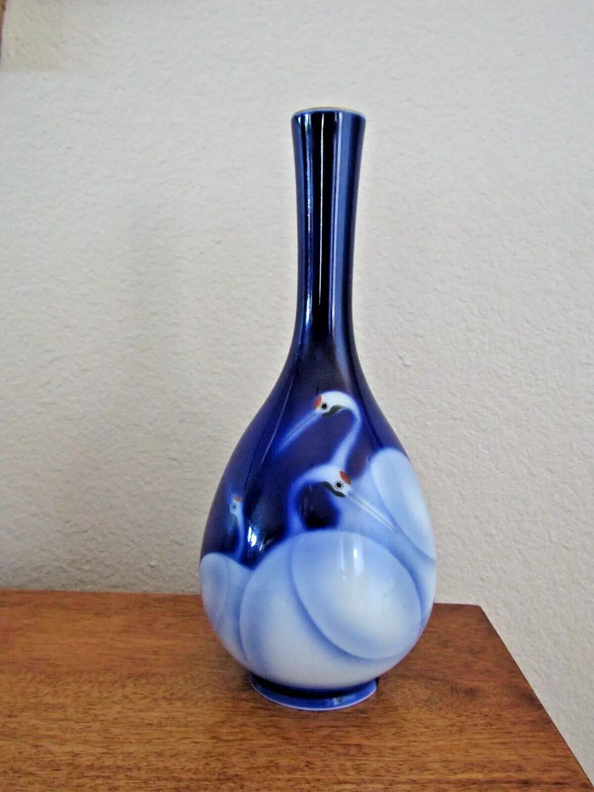 Fukagawa Three Cranes Japanese Porcelain Cobalt Blue 8.5 Vase Signed EUC