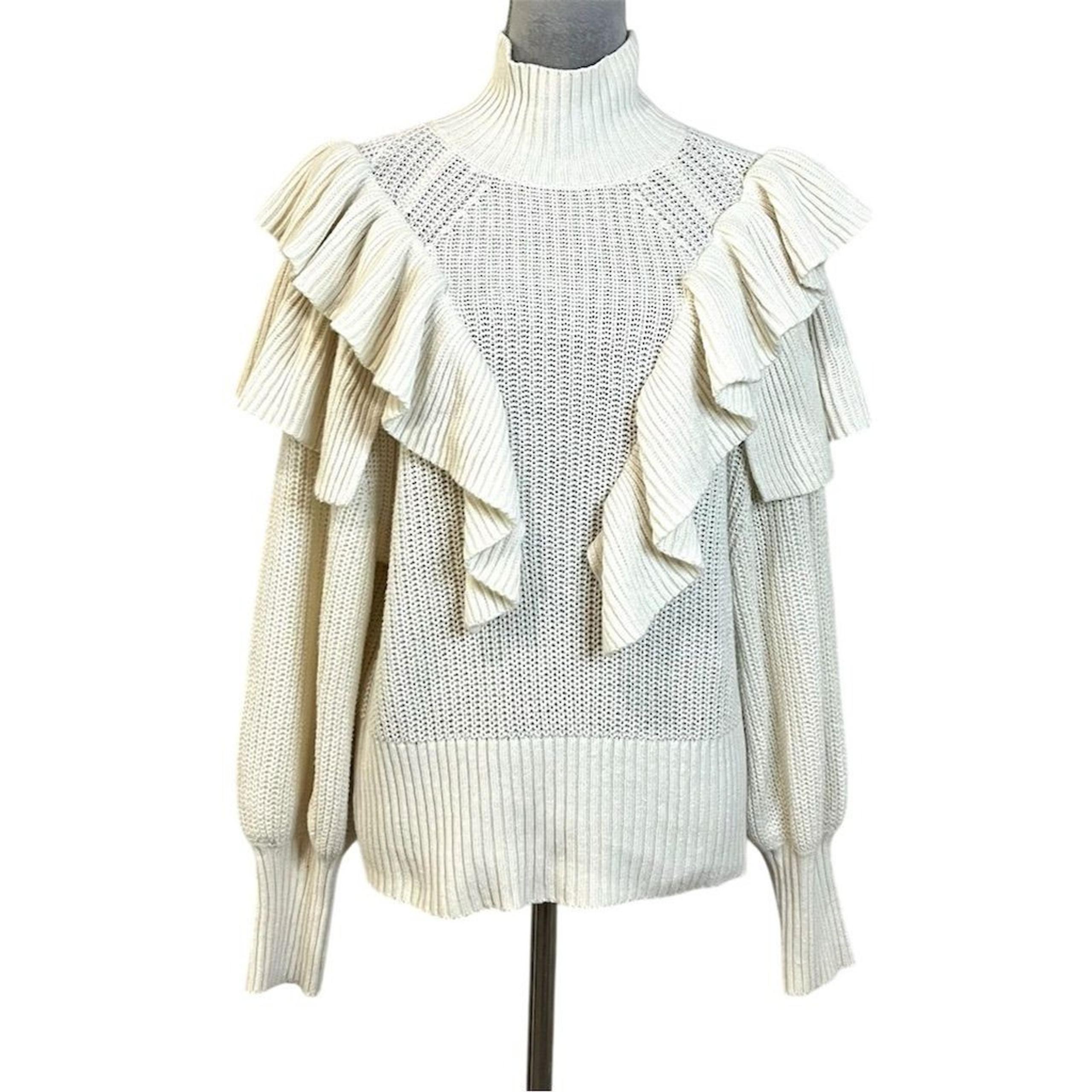 Prologue Women's Ivory Ruffle Knit High Neck Sweater S Winter Fall