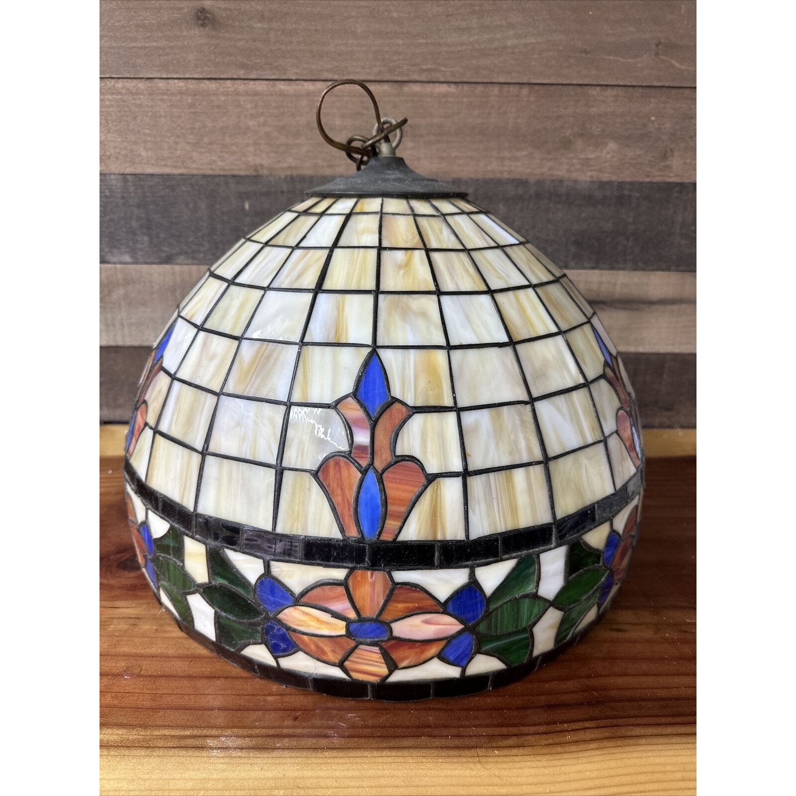 Vintage Tiffany Style Stained Glass Hanging Light Orange Blue Floral
