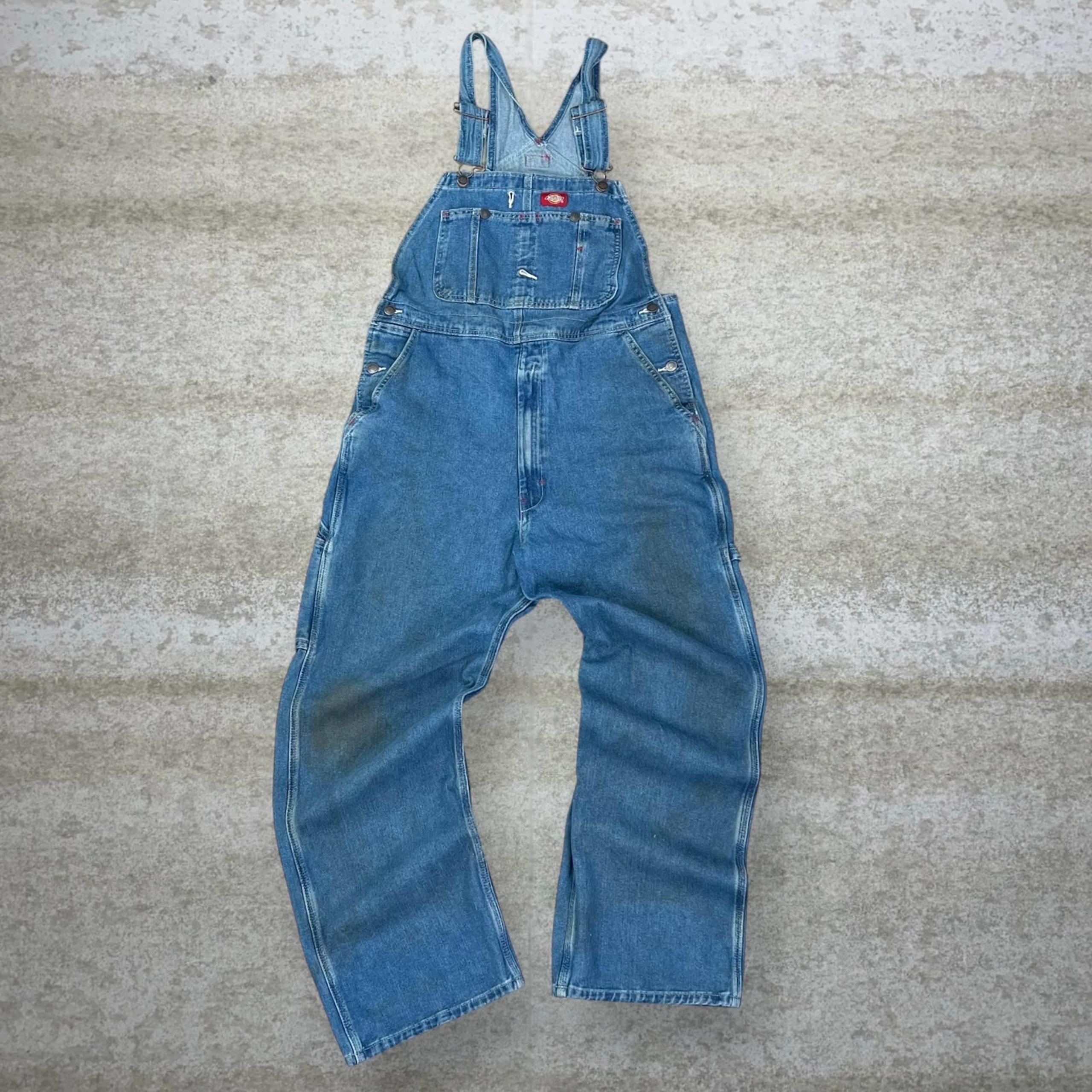 Vintage Dickies Carpenter Overalls Baggy Wide Leg Fit Medium Wash Denim 90s