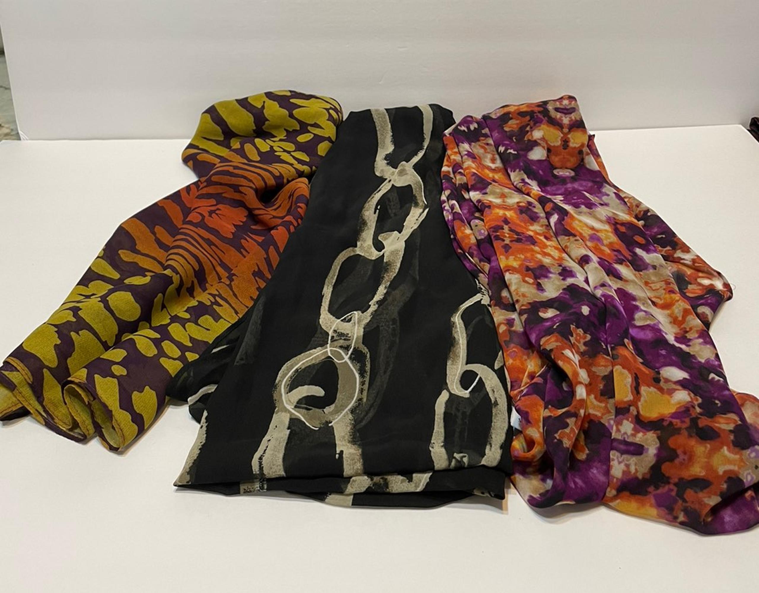Susan Graver Sheer Printed Infinity Eternity Scarves Lot 3 Black Purple Orange