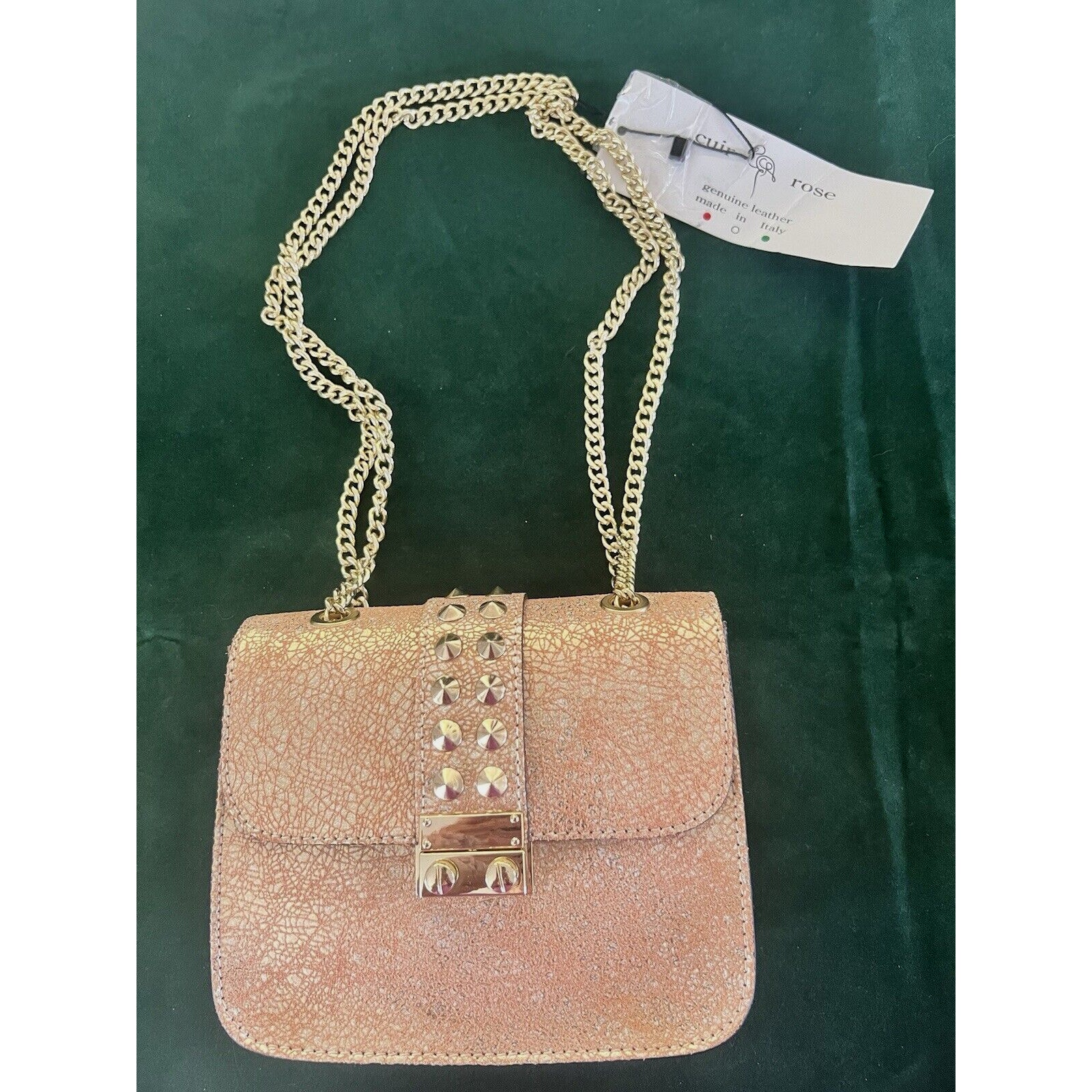 NWT Cuir Rose Italy Genuine Leather Crossbody Handbag Studs Golden Blush Pink