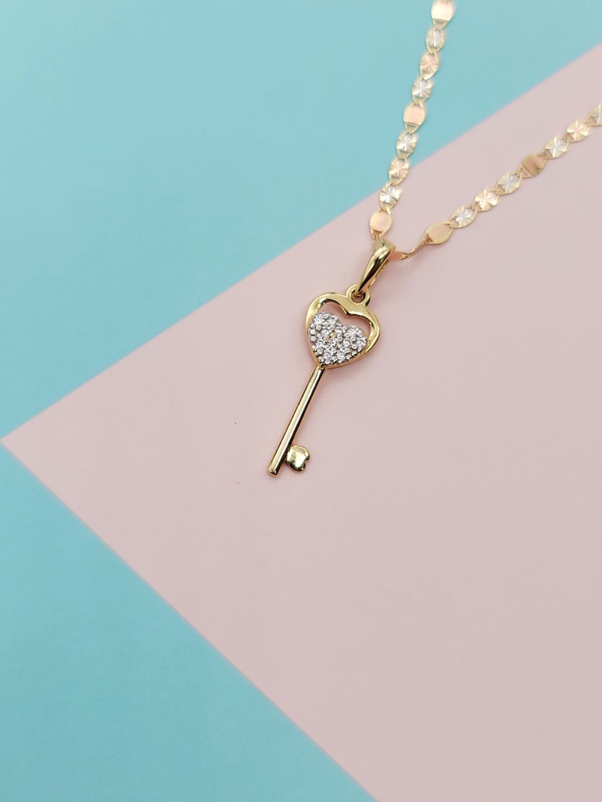 14k solid gold heart key necklace