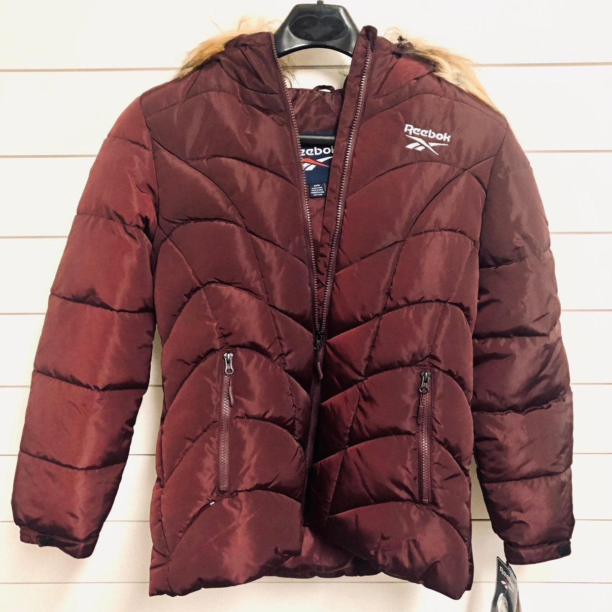 Reebok Cranberry Faux Fur Hood Puffer Coat Size Medium NWOT