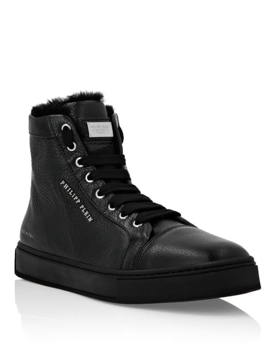 PHILIPP PLEIN Leather Shearling Lined Hi-Top Sneakers Big Bang, Size 44
