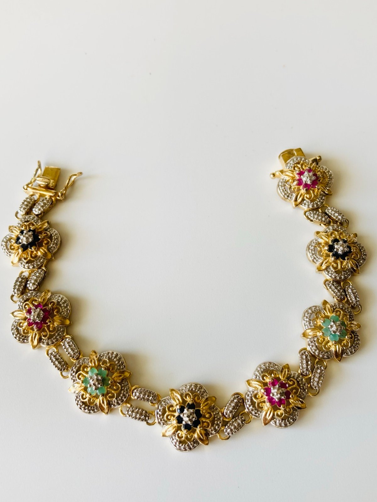 DL925 sterling 14k gold vermeil genuine ruby sapphire emerald diamond bracelet