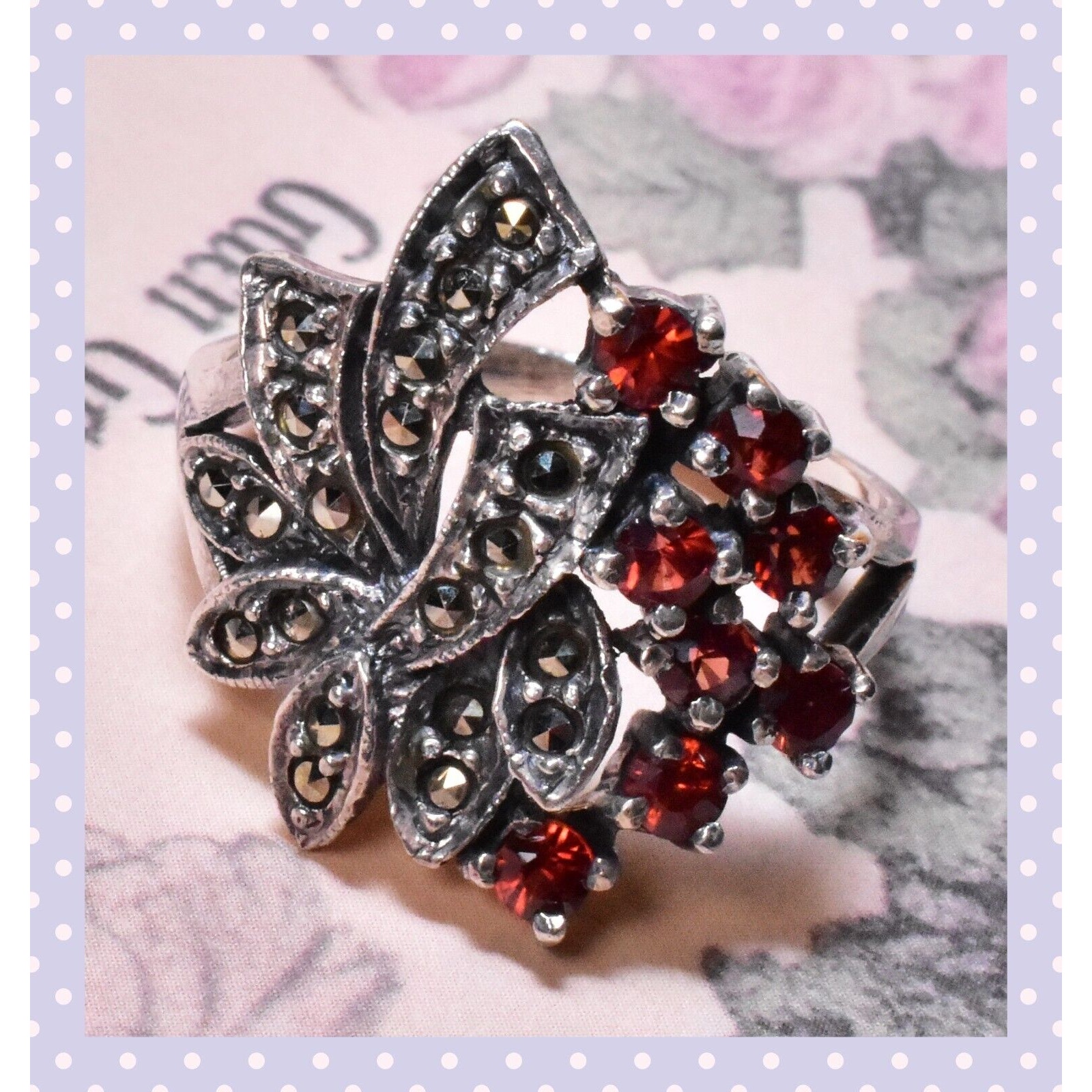 VTG 925 Sterling Silver Garnet Floral Cluster Marcasite Ring Approximate Size 8