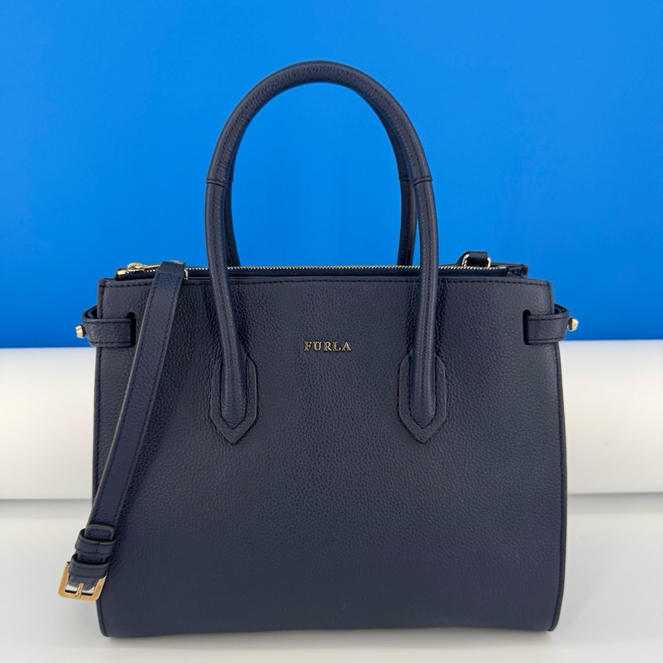 FURLA mini Pin Navy Grained Leather Tote Bag/Shoulder Purse