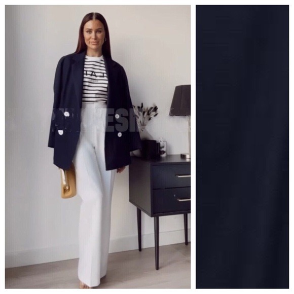 NWT. Zara Navy Blue Viscose Blend Double Breasted Blazer Size XS.