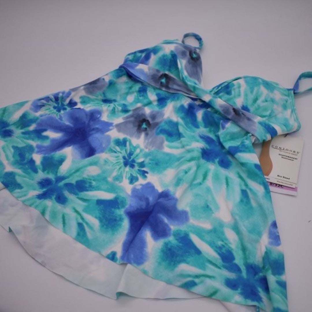 Coco Reef Contours Tankini Women 8/32C Sorrento Coastal Floral Diamond Wrap Blue