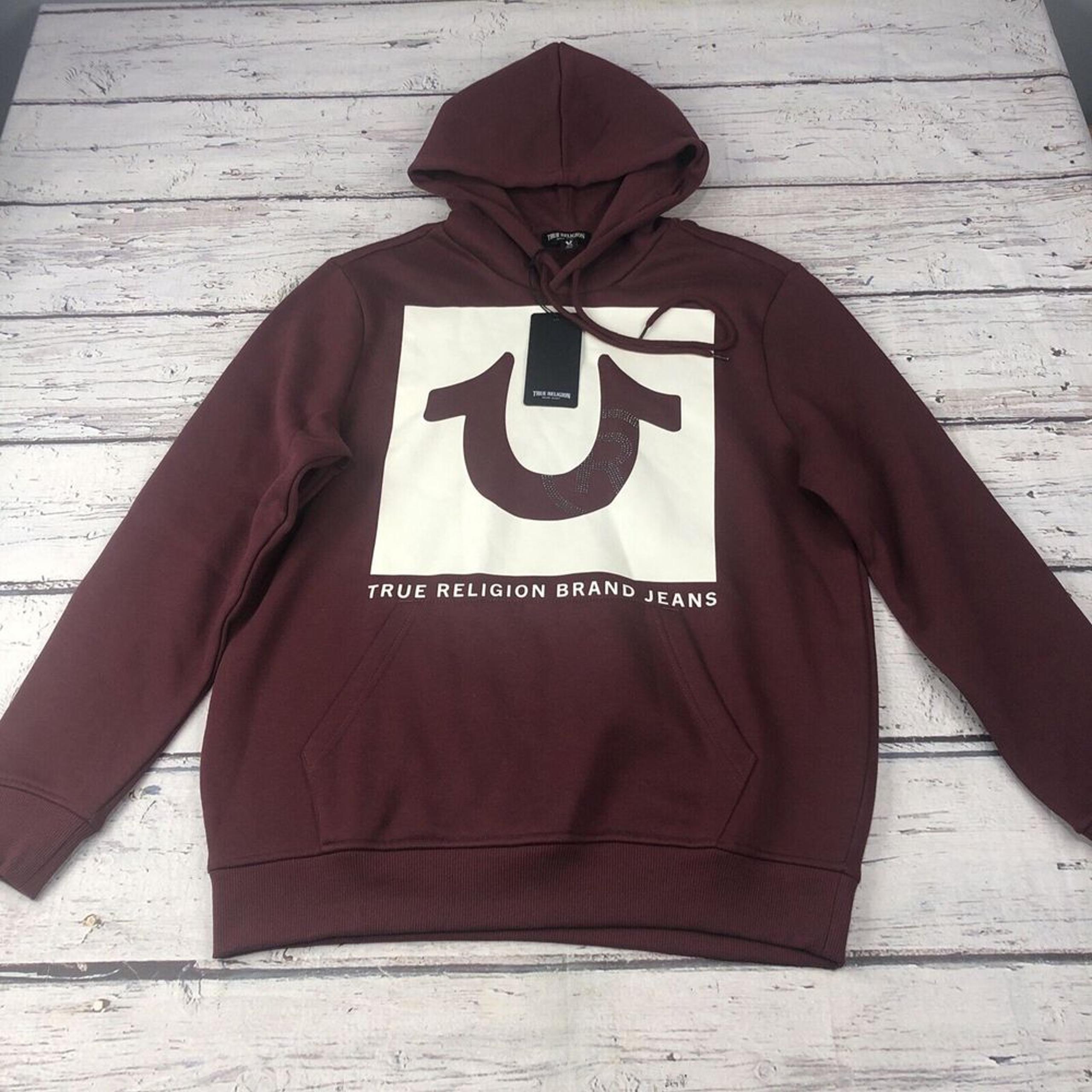 New True Religion Men's Hoodie Stud Pullover Chocolate Truffle Size Medium  NWT