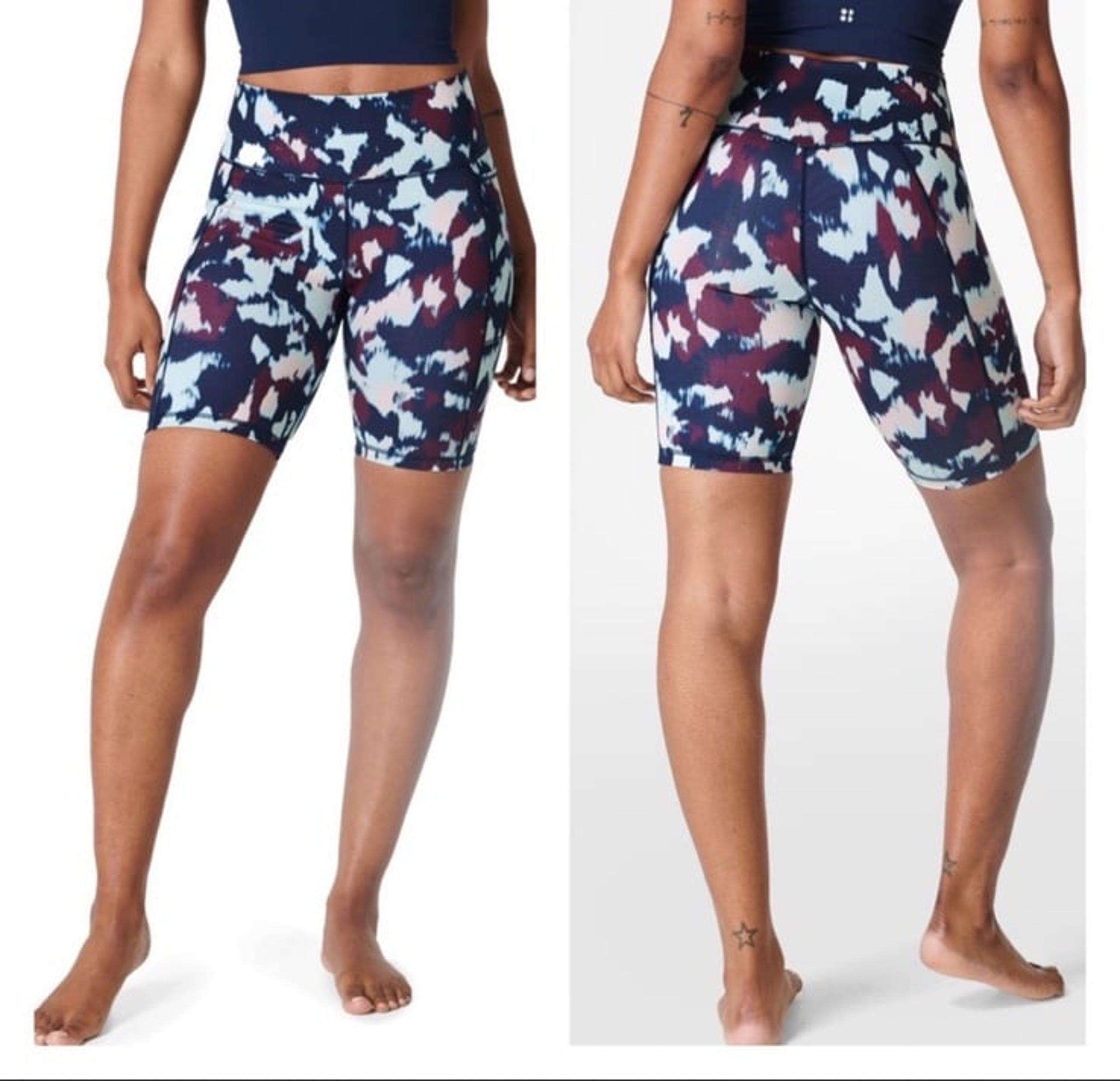NWT Sweaty Betty Super Sculpt High Waist Pocket Bike Shorts-Blue Flow Print