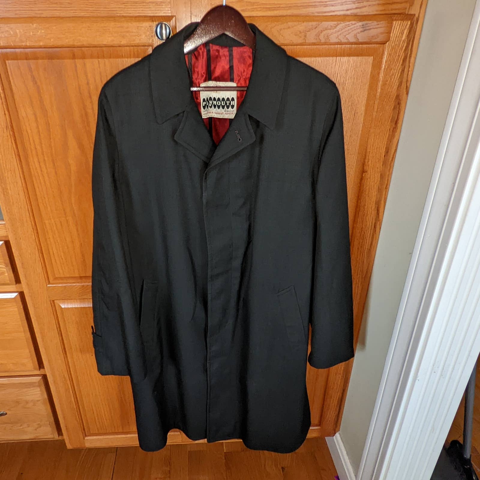 Vintage Plymouth Red Black Stripes Jacket Trench Coat women size L weather ready