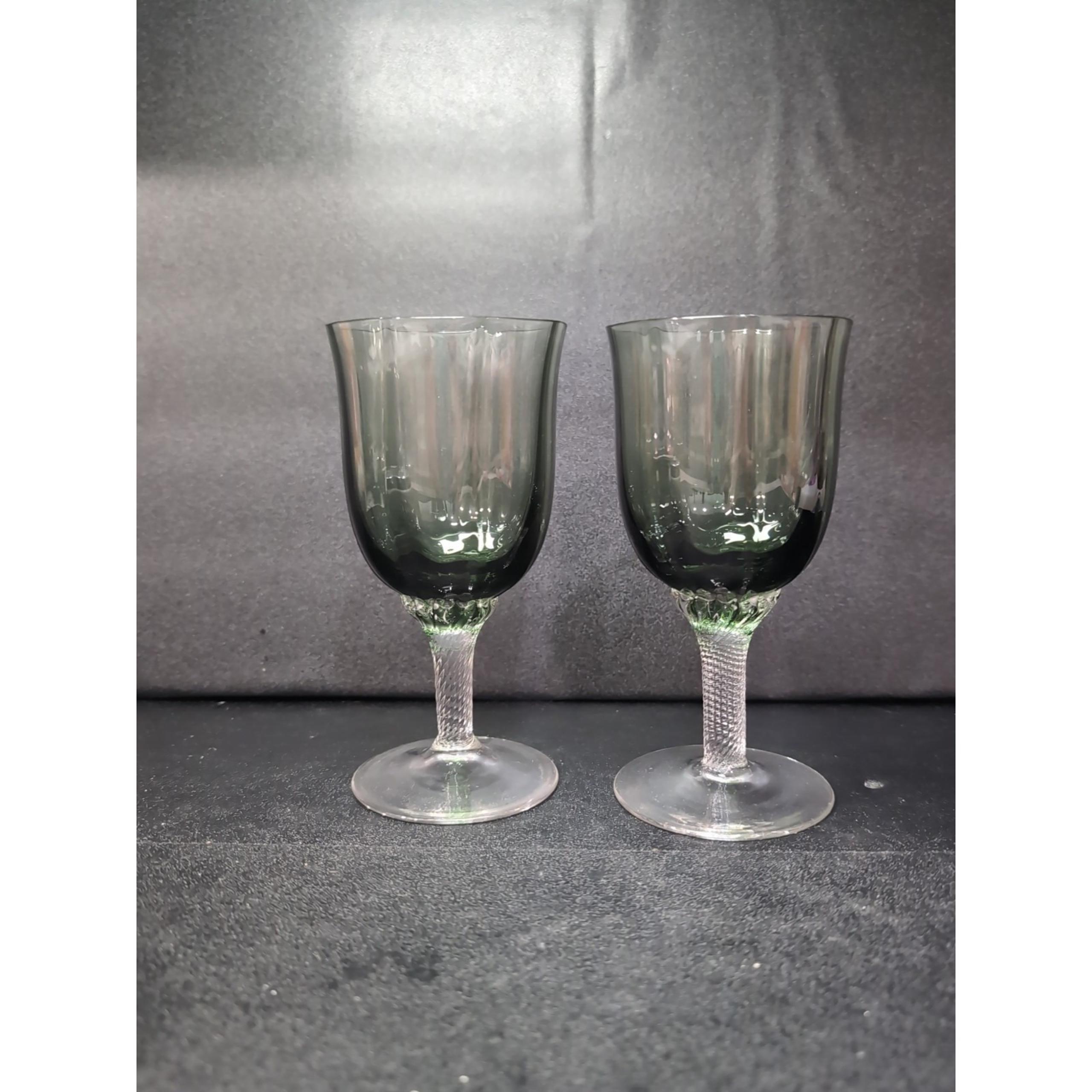 Gorham Crystal Gray Green Octette Water Goblets, Wine Glasses, Set of 2, 5.75" H