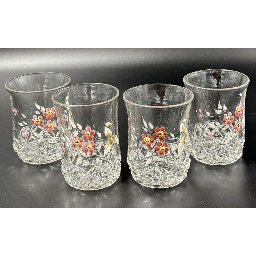 Vintage Hand painted Floral Crystal Juice Glasses Set of 4 Pink Yellow Flowers