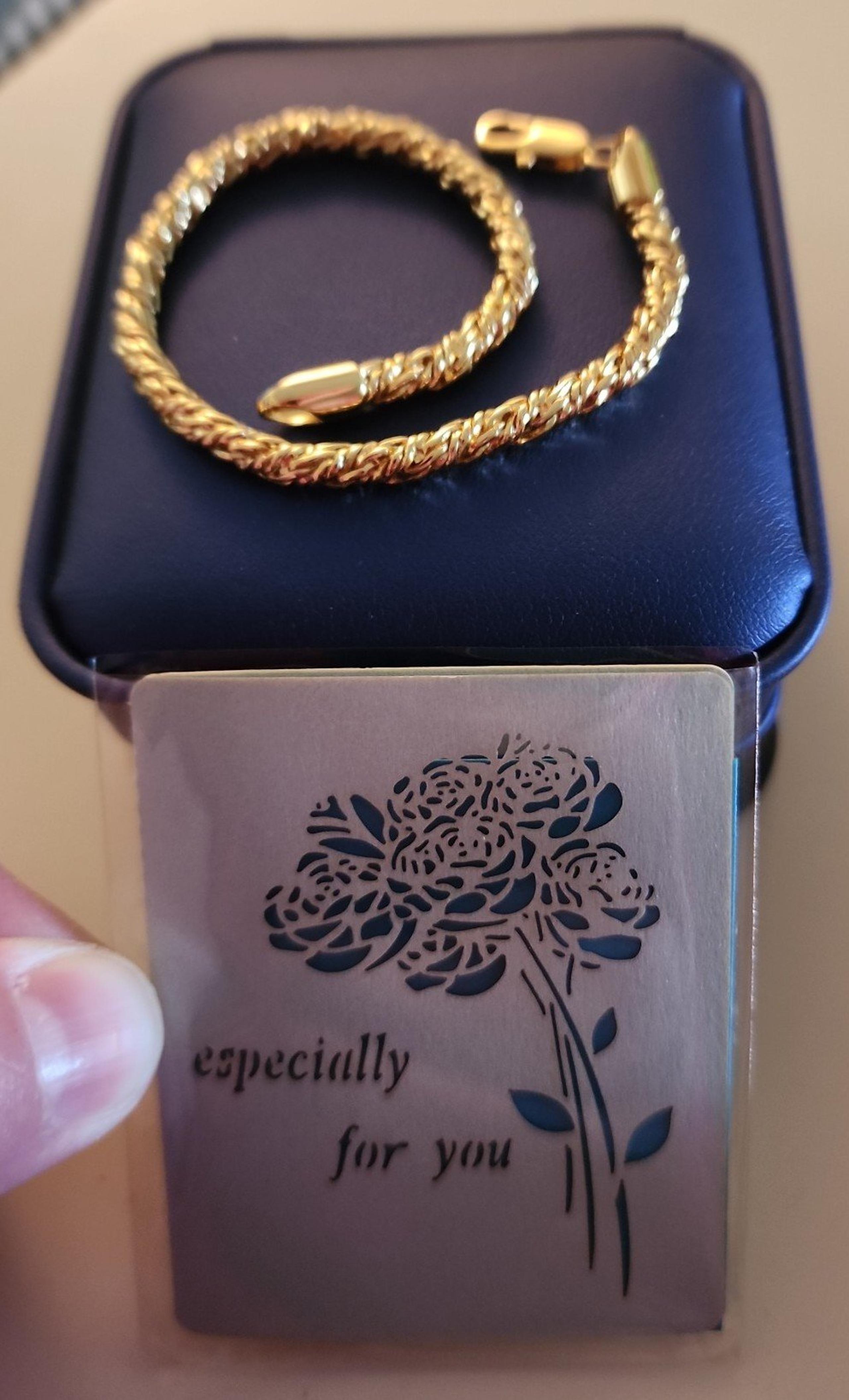 14K Gold Round Strand Bracelet for Men and Women jewelry Box w/ Small Card
