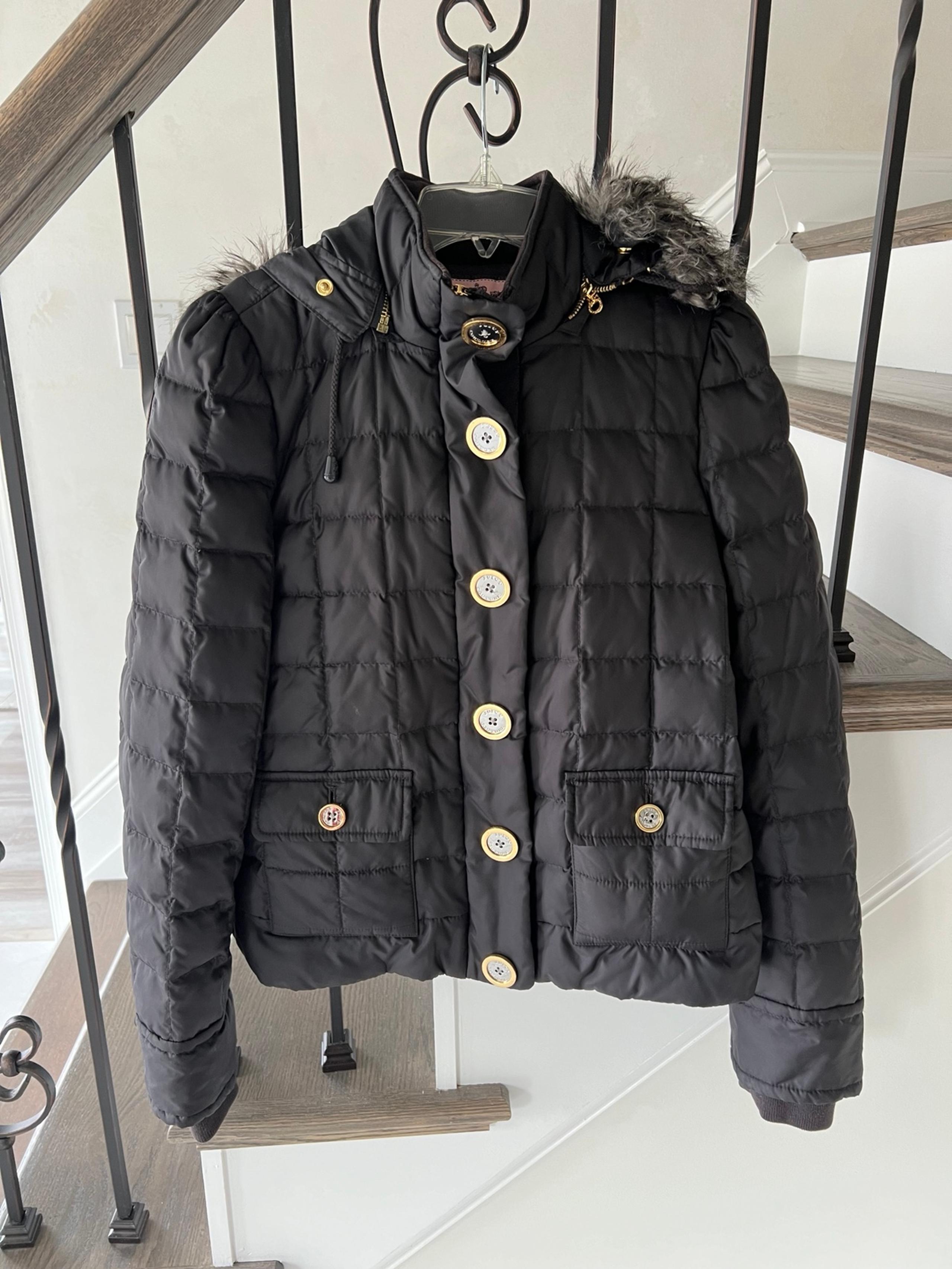 Juicy Couture Black Hooded Puffer Jacket with Fur Trim