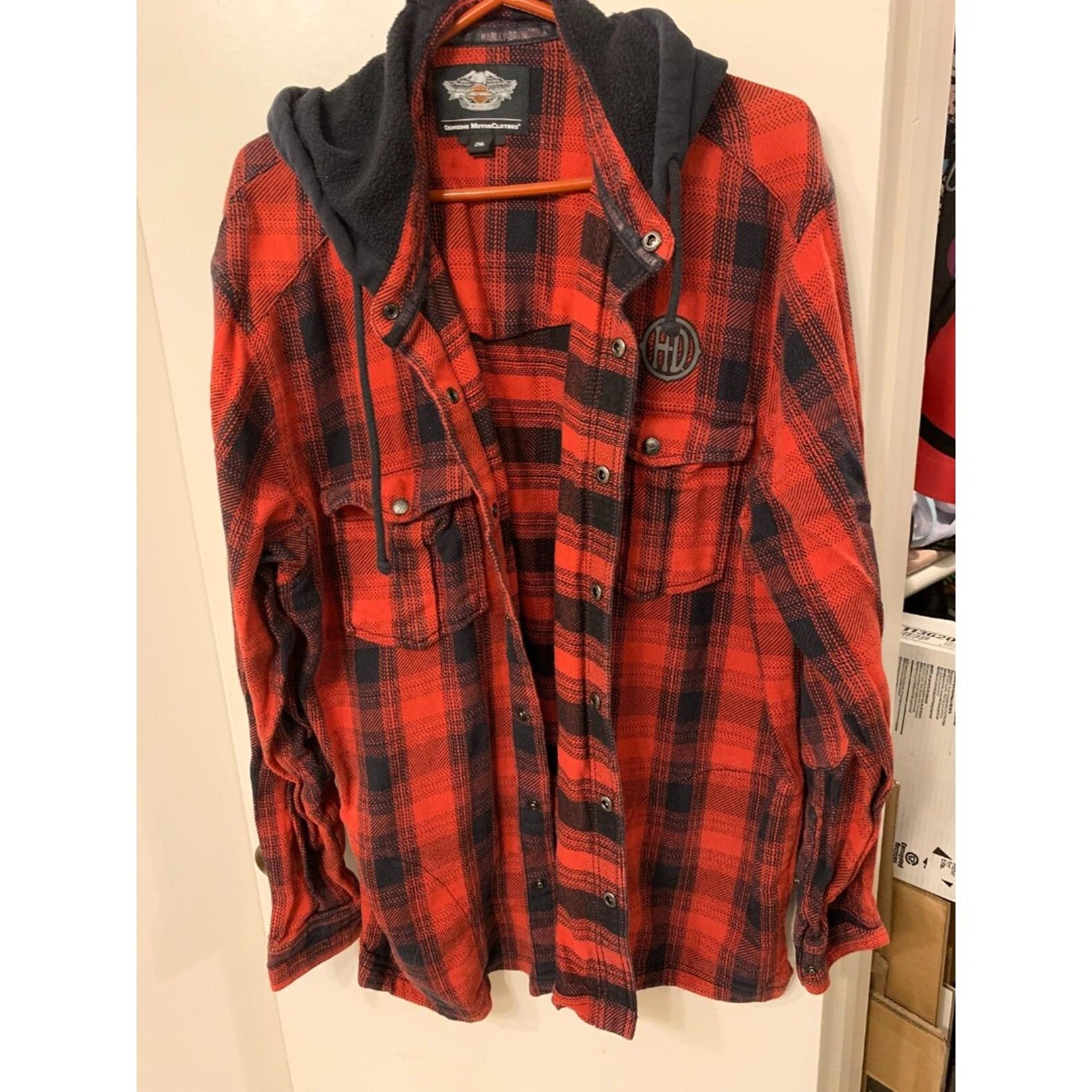 Harley Davidson Flannel Jacket Mens XXL Red/Black w/Hood Free Shipping