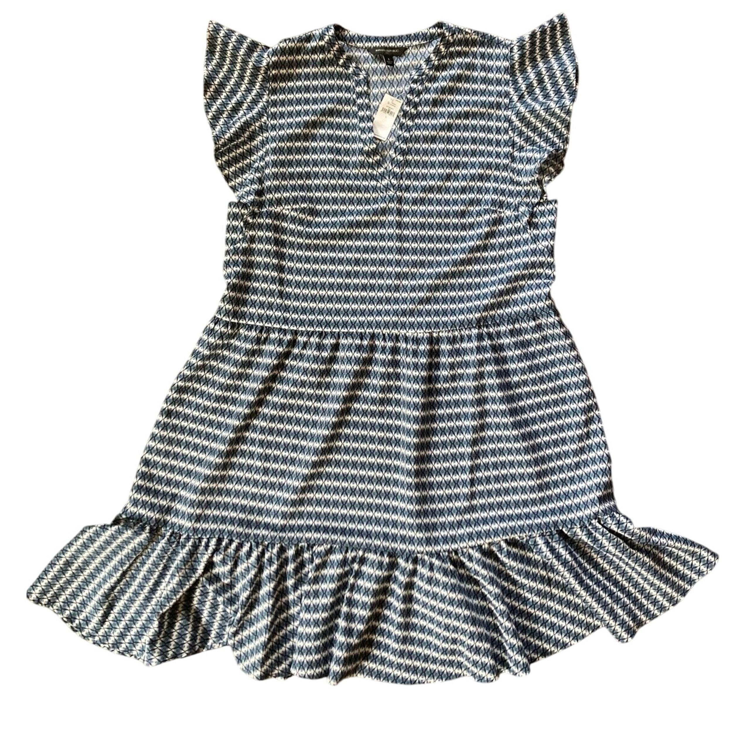 NWT Banana Republic navy blue white dress sz L flutter sleeve office preppy