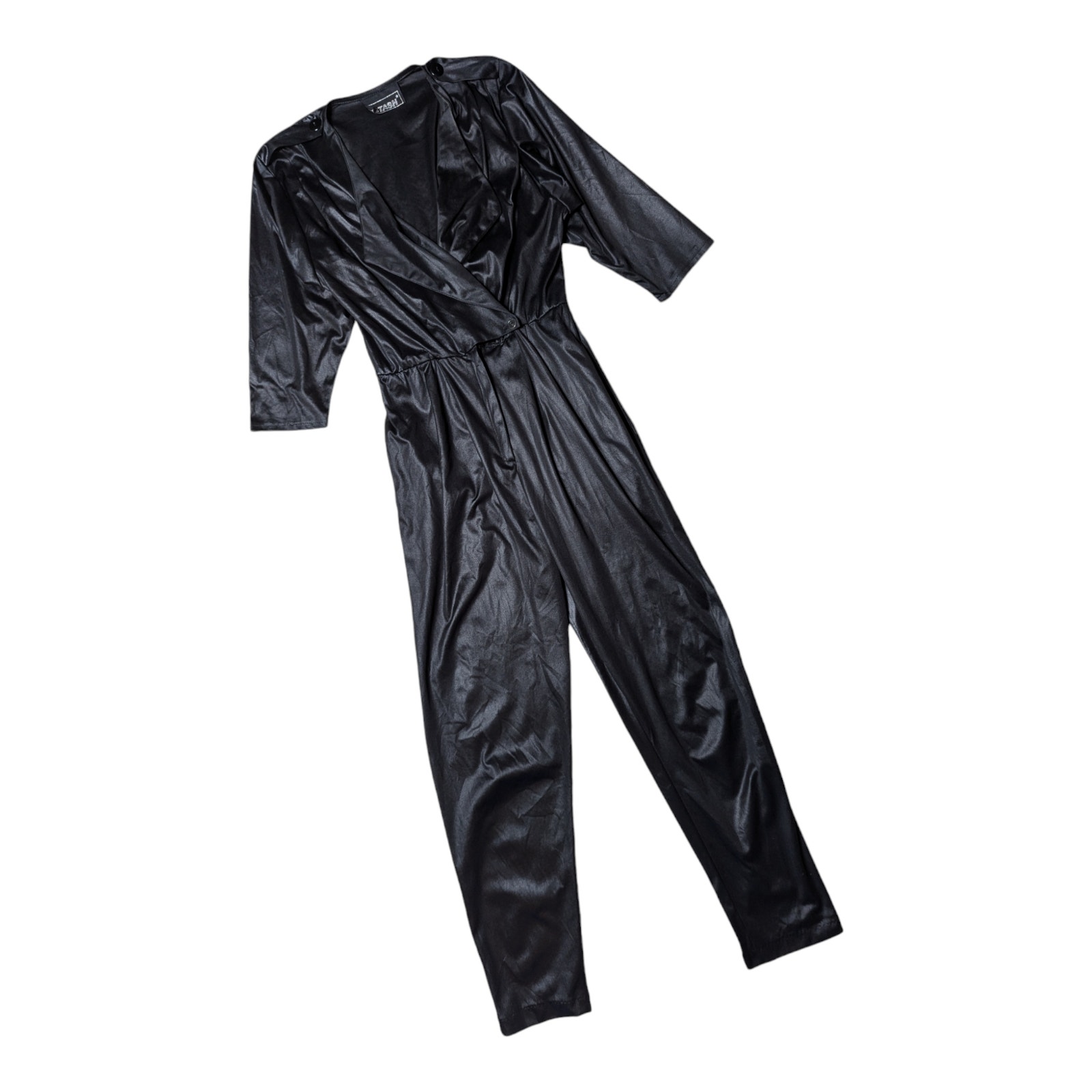 Vtg 1980s Stash Black Shiny Metallic Fabric Wrap Top Collared Jumpsuit S