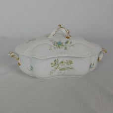 M Redon Limoges 5069 Blue Yellow Flowers Covered Serving Bowl Handles Shell Vtg