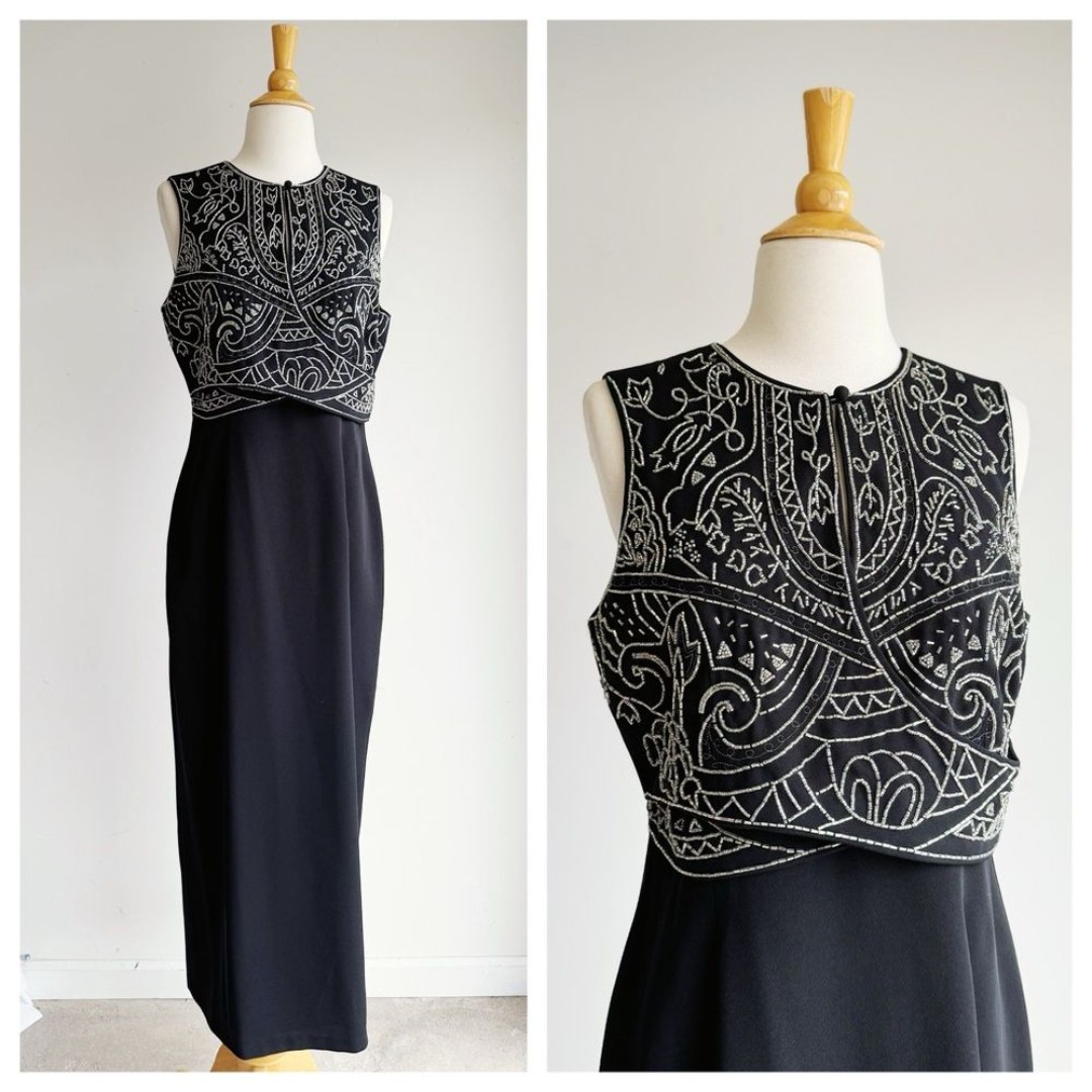 VINTAGE CAROLE LITTLE Black Sleeveless Beaded Gown 12
