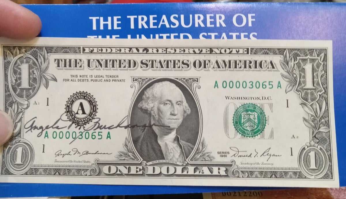 One dollar bill signed by the secretary treasure