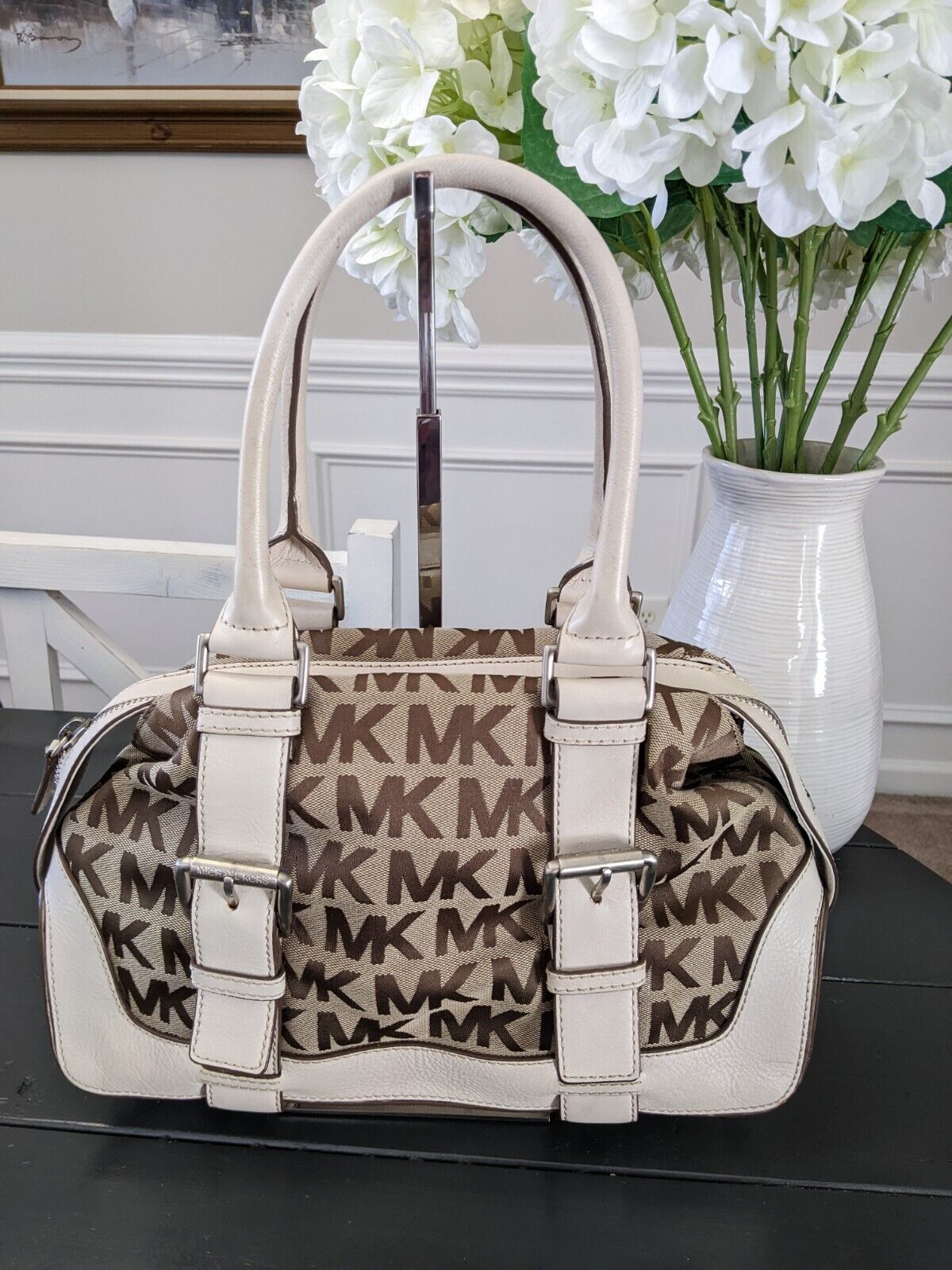 Michael Kors MK Signature Brookville Brown Jacquard Satchel Cream White Leather