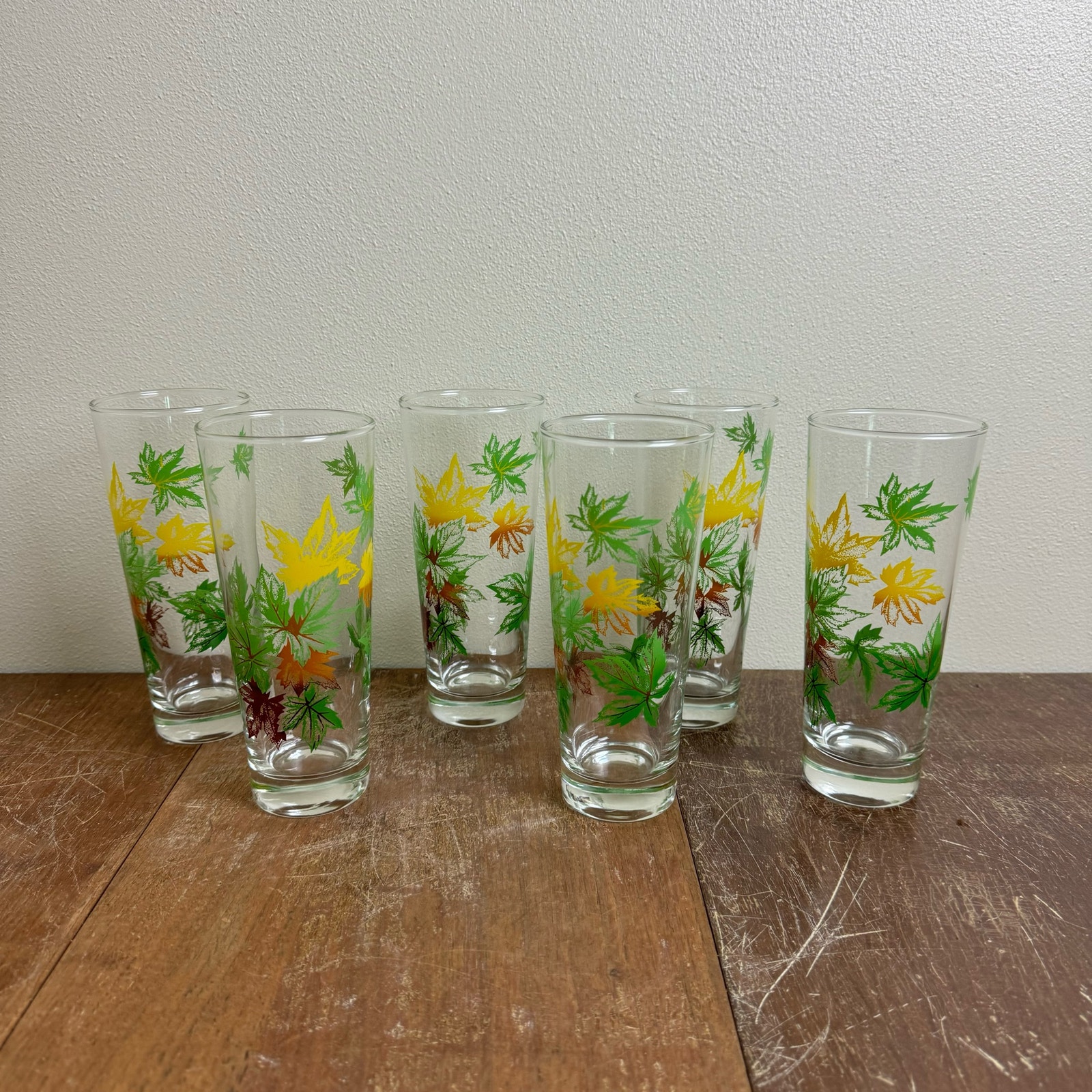 Federal Glass Salem Maple Leaf 7 Drinking Glasses Set of 6 brown green yellow