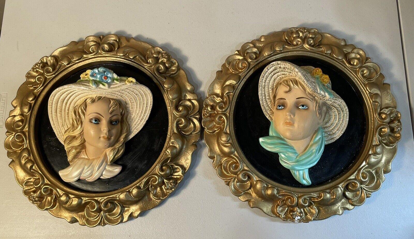 Rare Set Of Matching Vintage Chalkware Ladies Wearing Flower Bonnet Wall Plaques